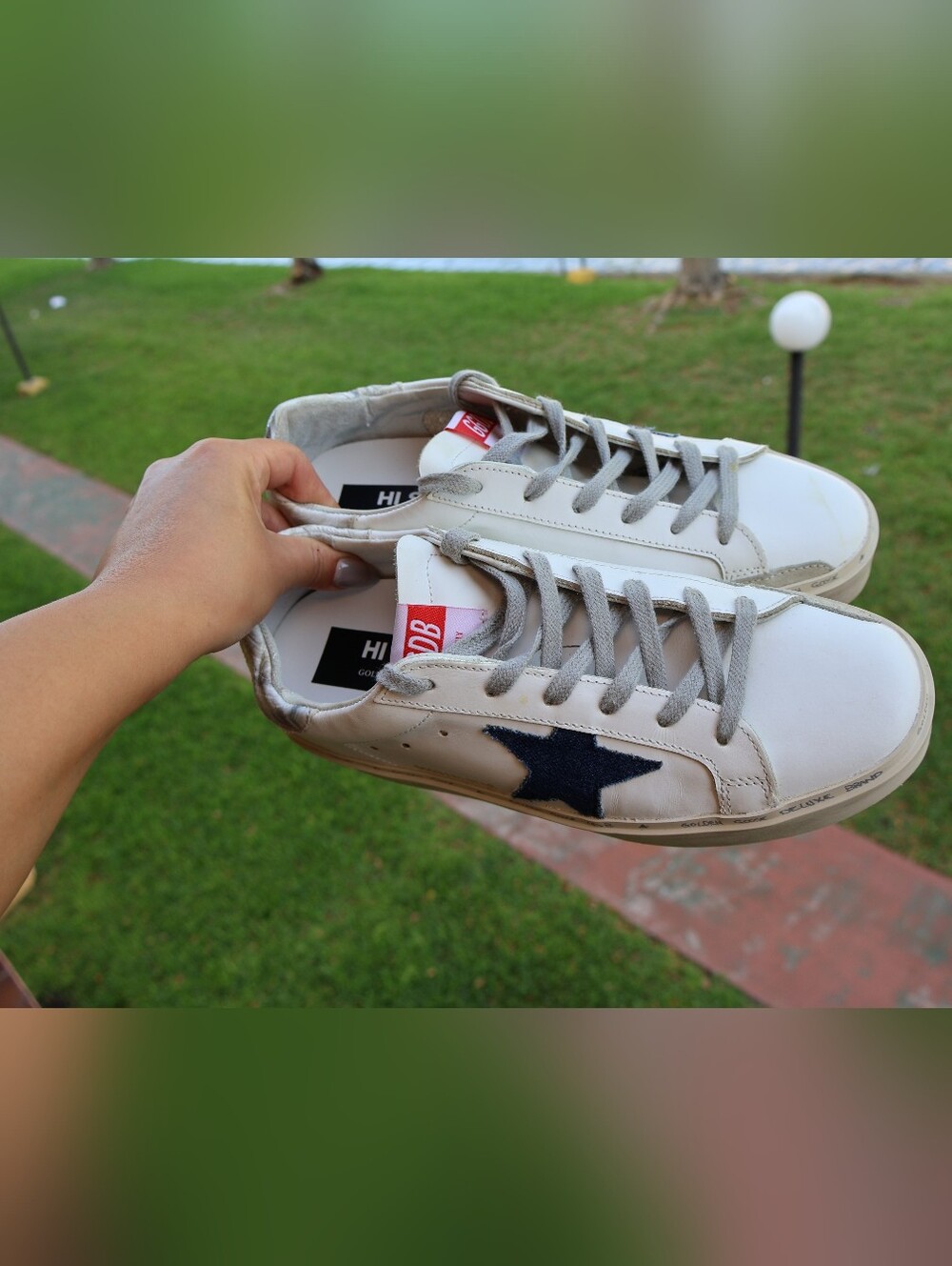 Golden Goose Hi Star Sneakers White Leather Navy Star Pink Tab Size 39 EU 8.5 US